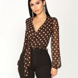 Brown polka dot wrap blouse
